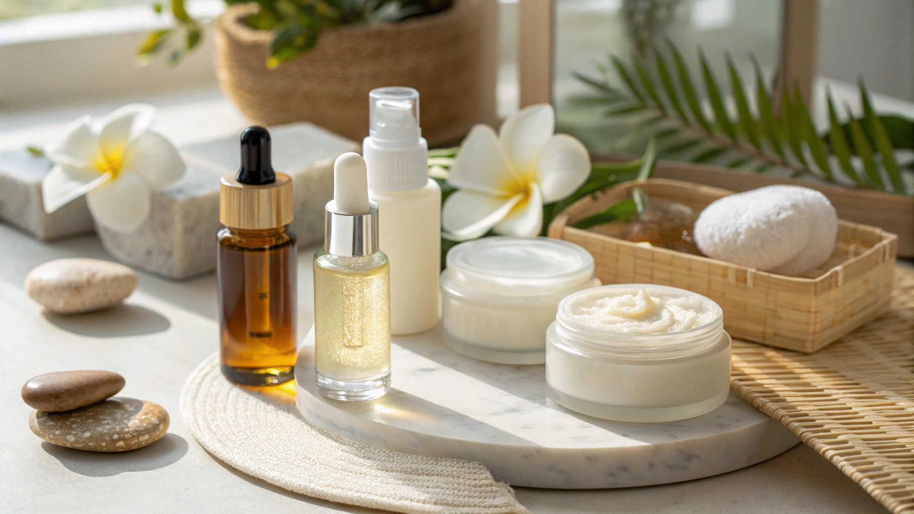 Minimalist skincare formulation bottles and serums